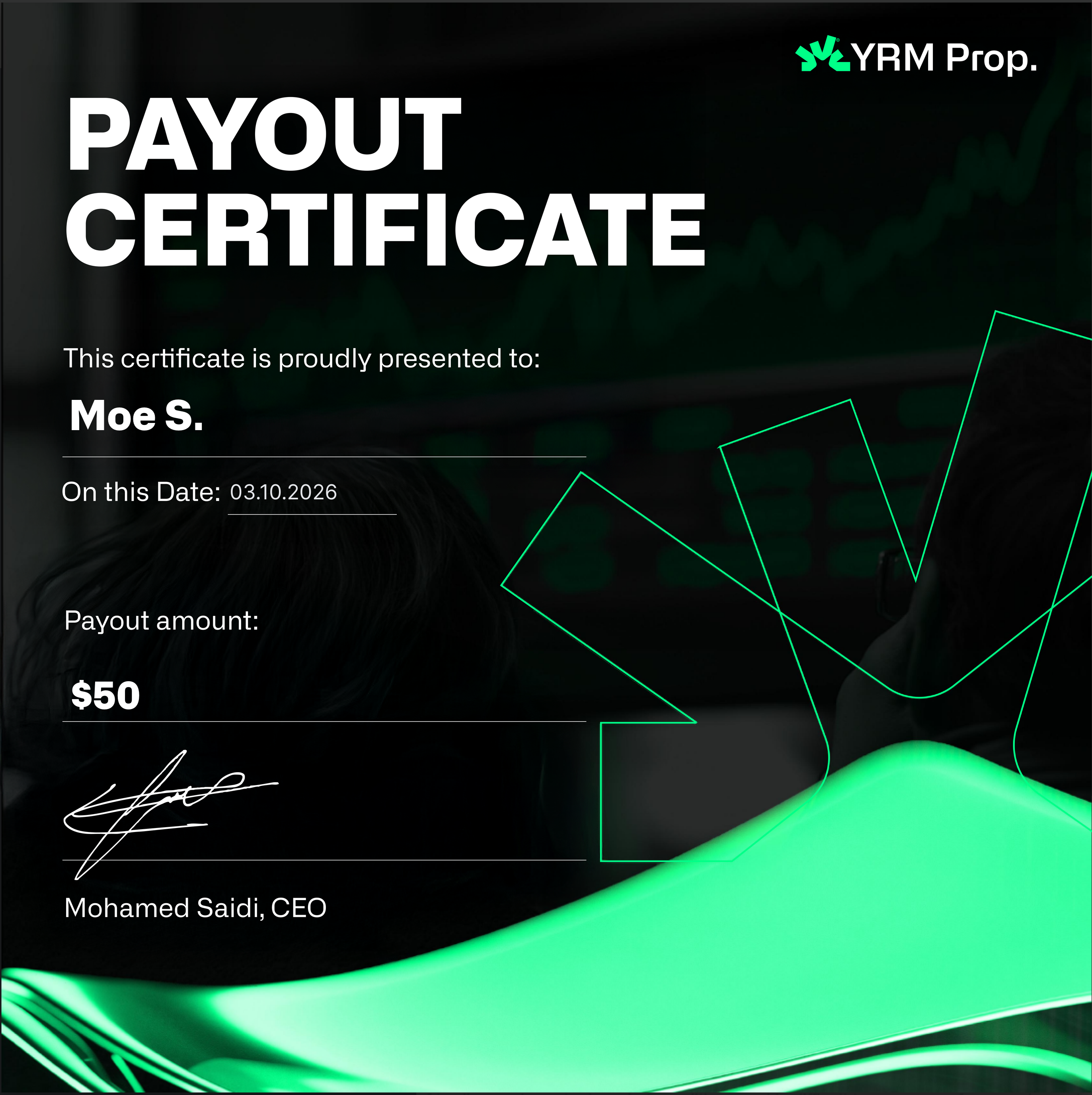 Payout certificate — Moe S. $50.00